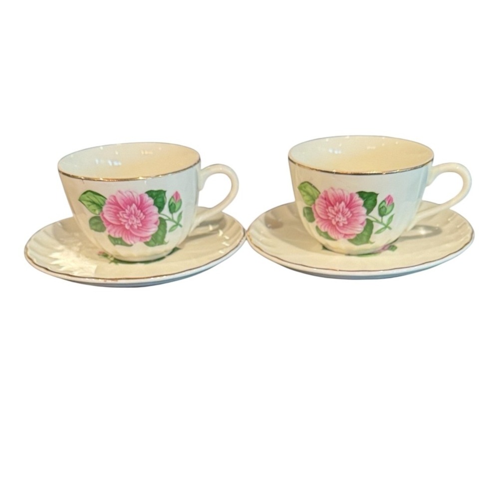 W.S. George Camellia Vintage Tea Cup‎ Saucer Set 2 Pink Floral Gold Trim Scallop